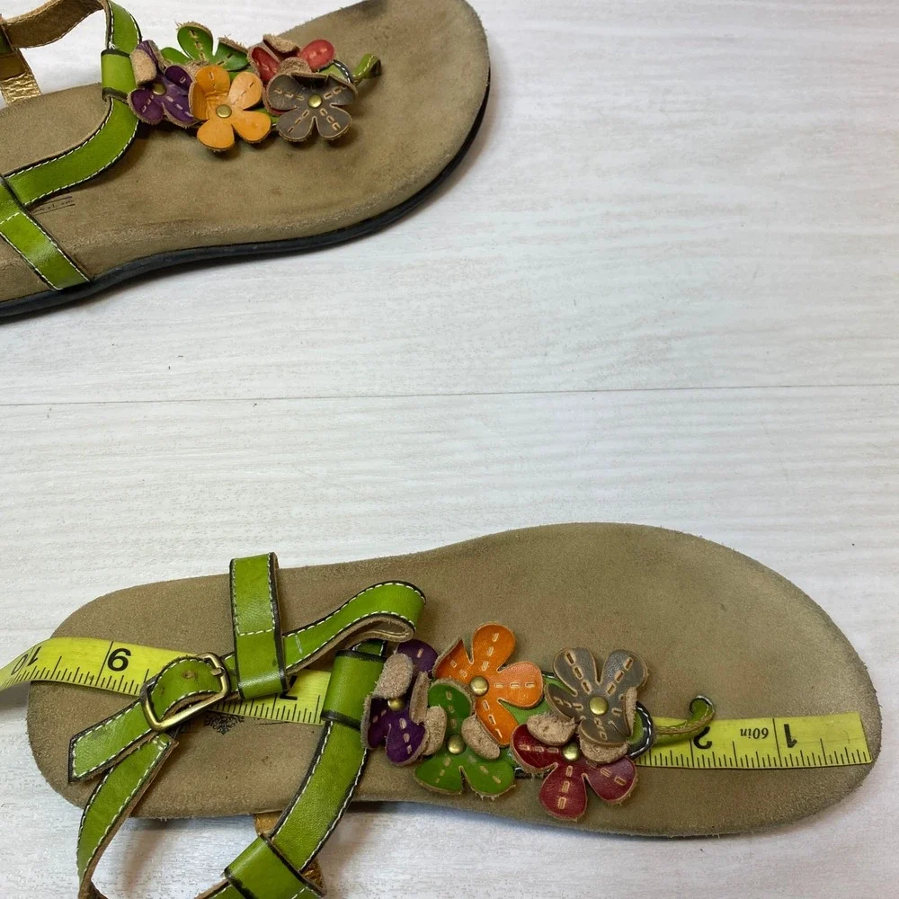 L'Artiste Womens 38 Sandals Sundae Floral Leather Thong Ankle Strap Green Boho